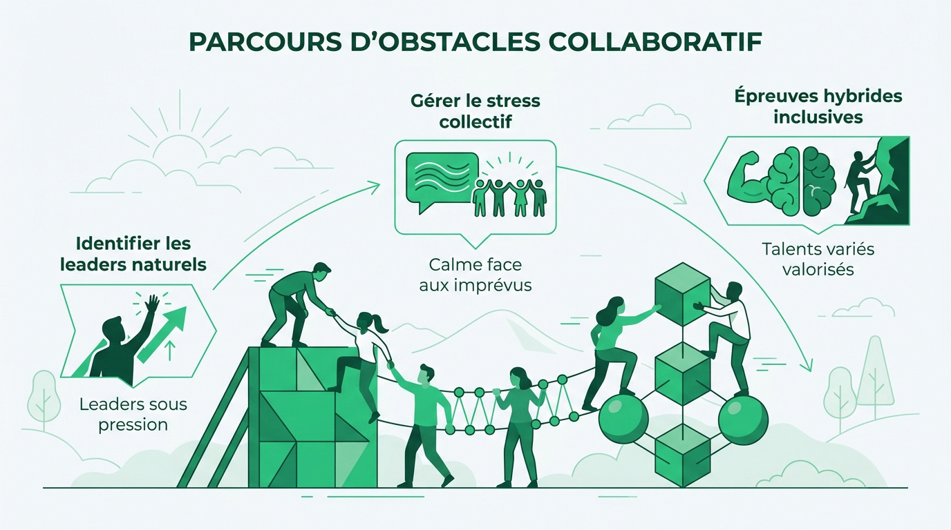 Équipe soudée franchissant un mur de bois lors d'un parcours d'obstacles en entreprise
