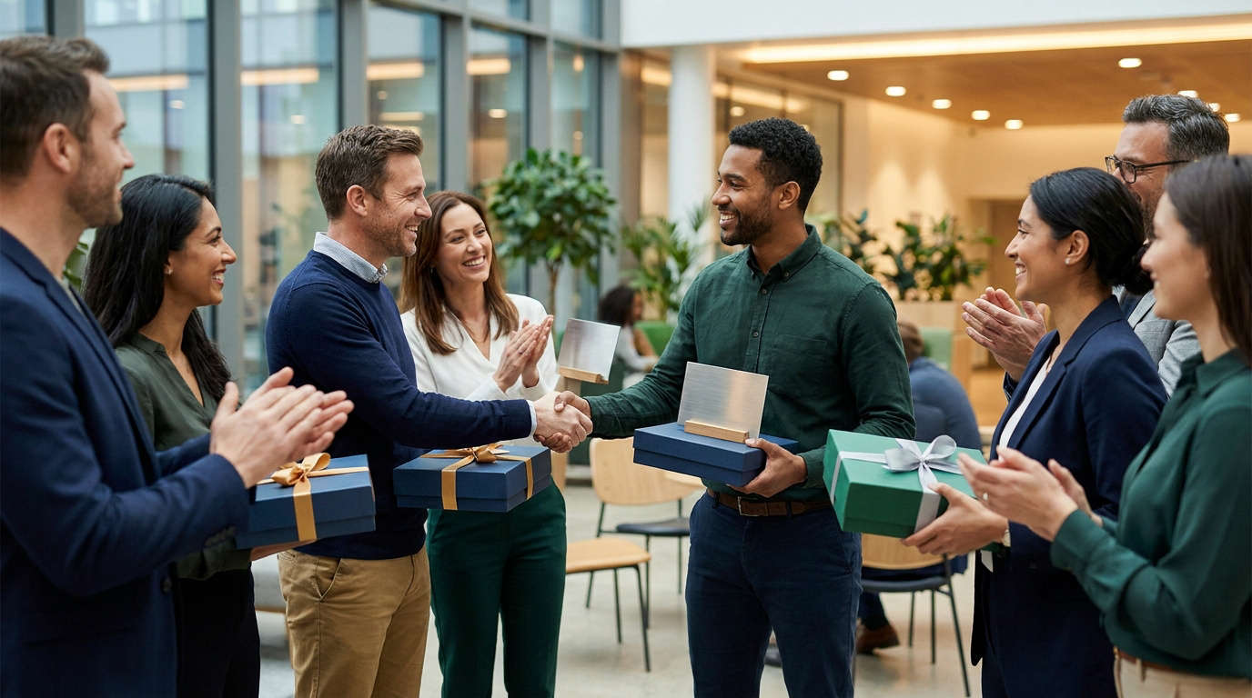 Groupe diversifié d'employés souriants applaudissant et recevant des prix lors d'une cérémonie de reconnaissance en entreprise.