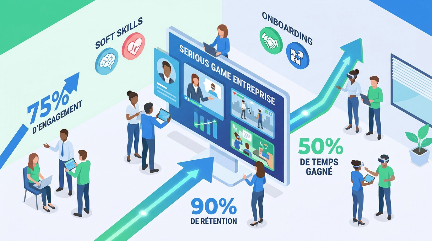 Collaborateurs en entreprise participant à un serious game sur tablette pour développer leurs compétences