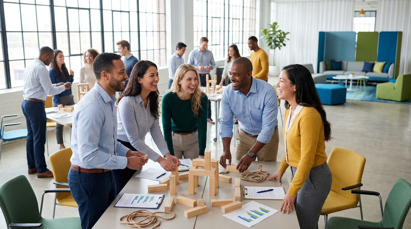 Groupe diversifié de collègues souriants construisant des structures en bois lors d'une activité de team building en bureau moderne.