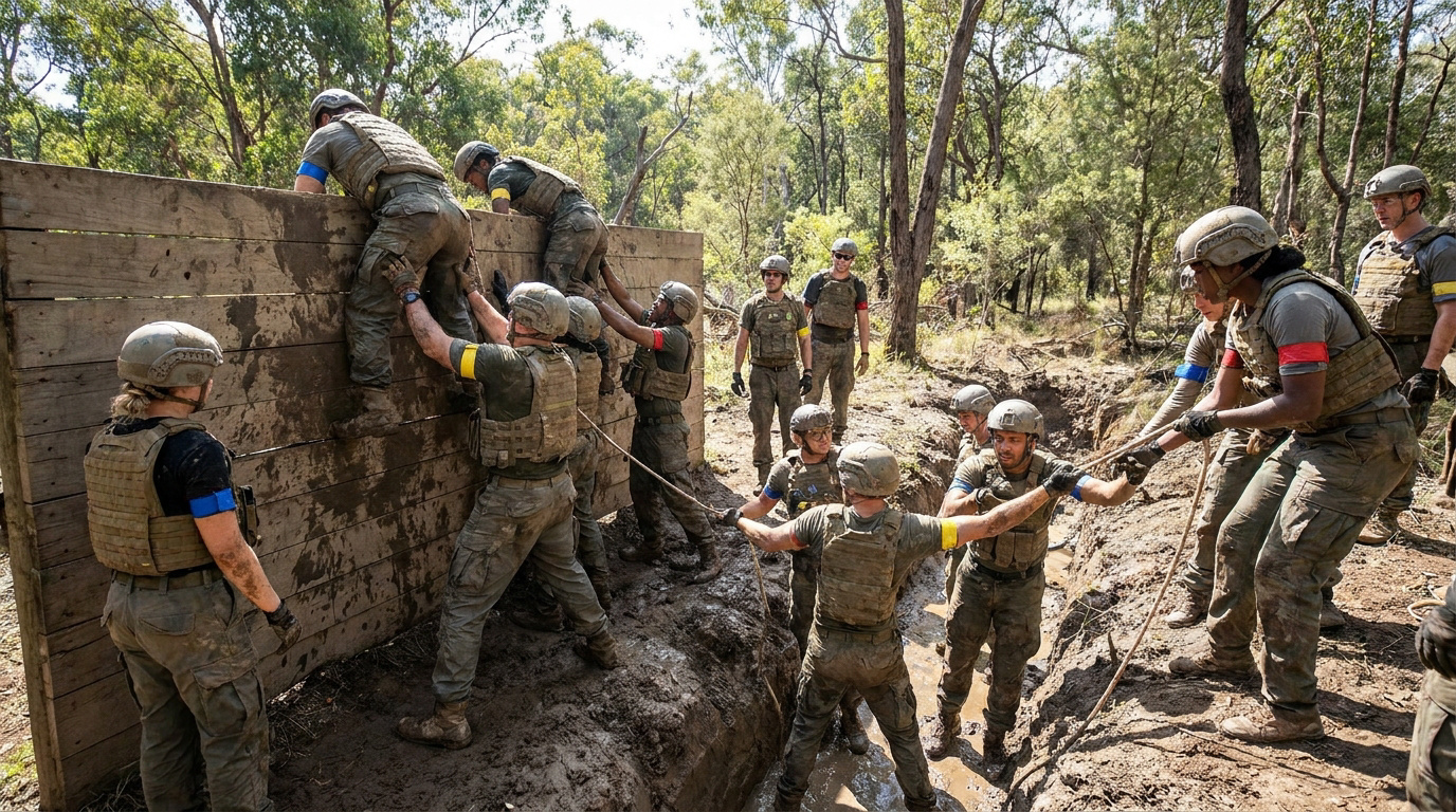 Groupe en équipement militaire franchissant un mur d'obstacles boueux dans une forêt. Les participants s'entraident pour progresser.