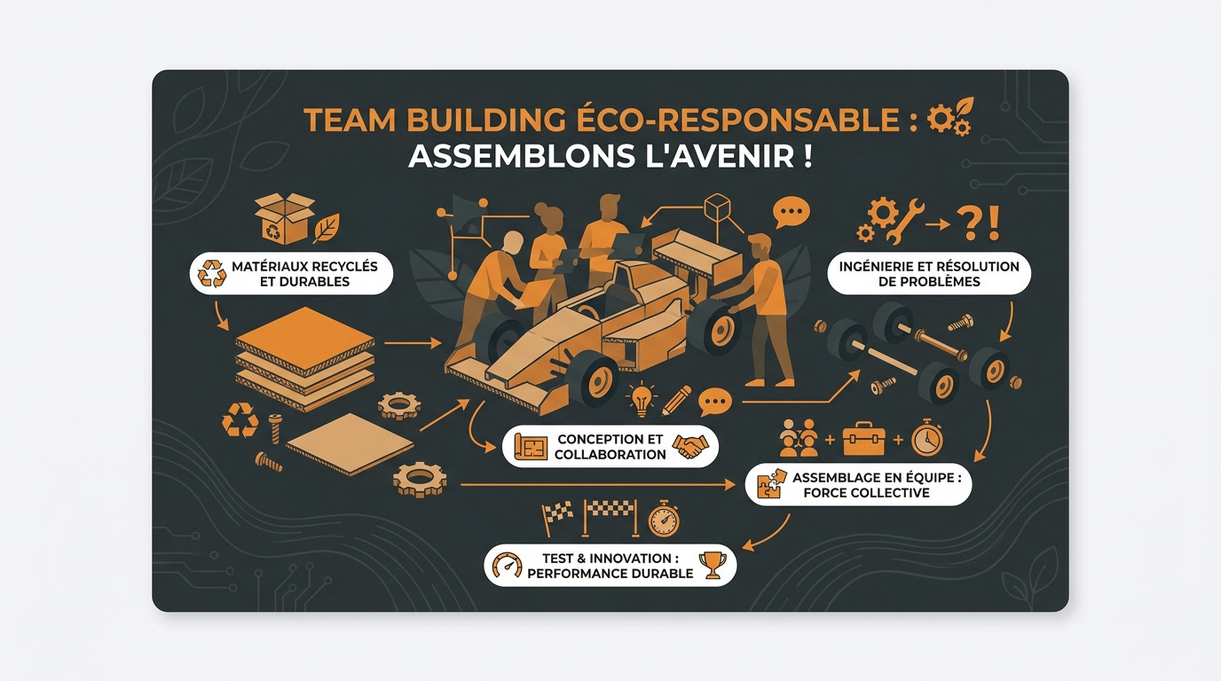Équipe de collaborateurs assemblant un véhicule en carton lors d'un team building éco-responsable