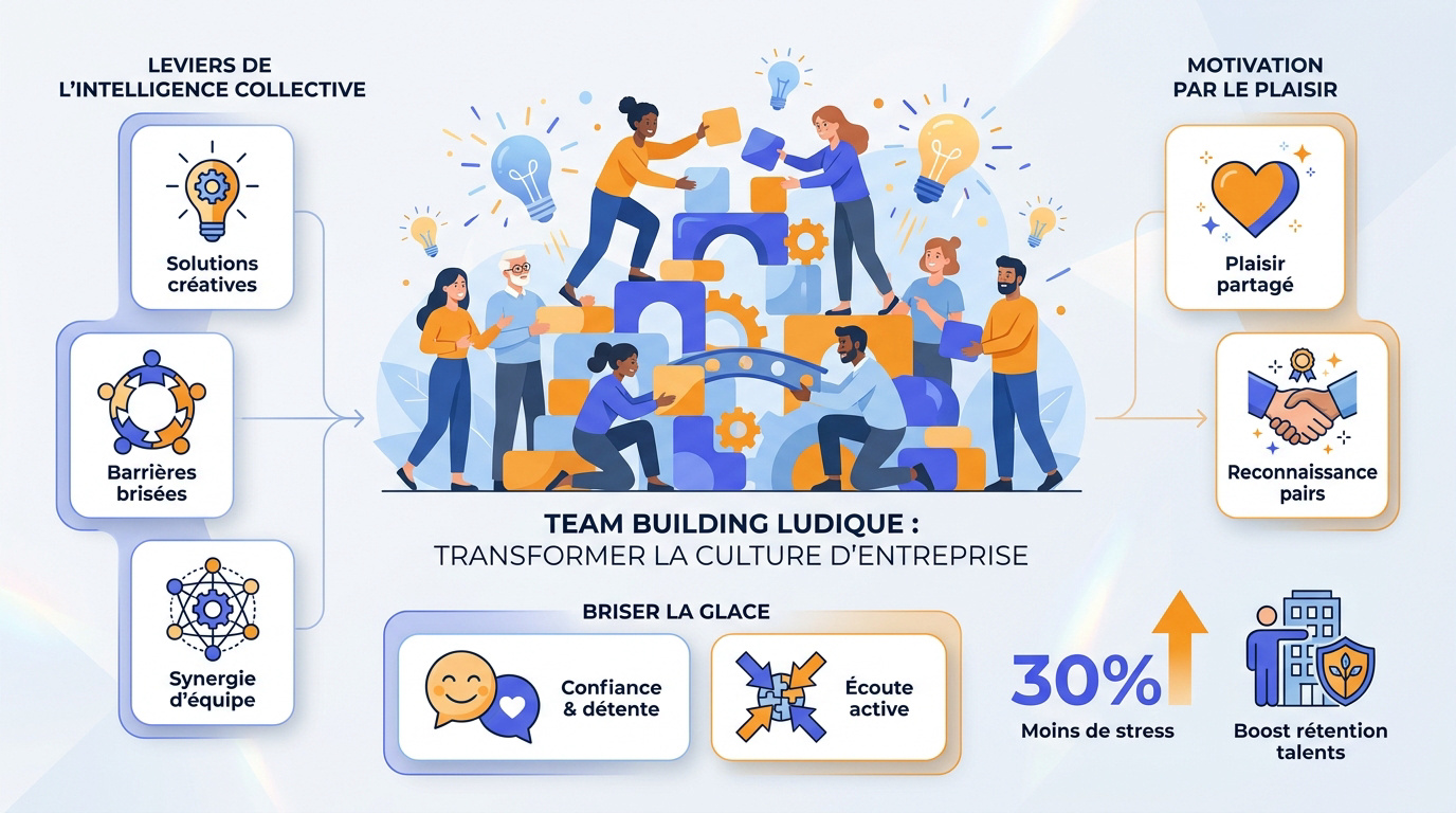 Équipe soudée participant à une activité de team building ludique en entreprise