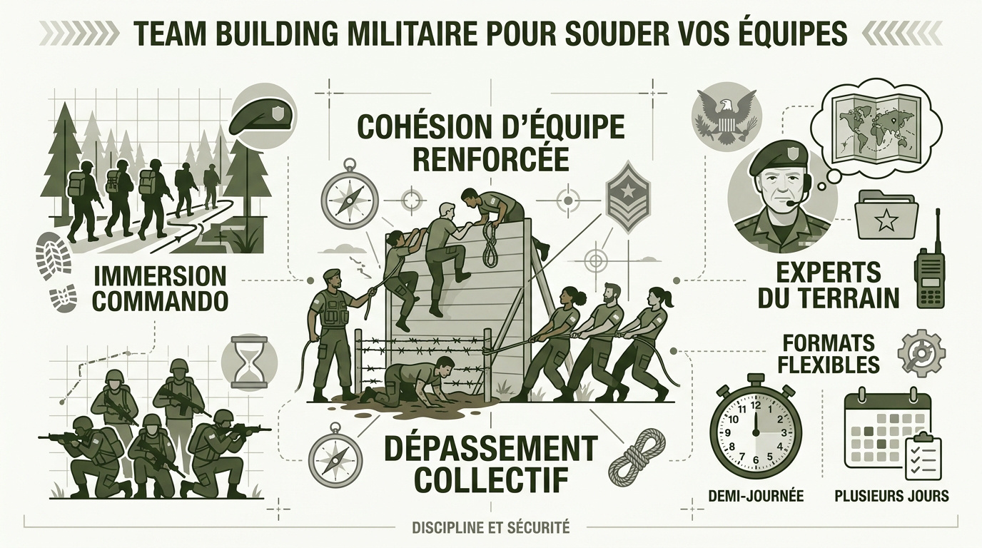 Collaborateurs en plein entraînement de cohésion type bootcamp militaire en forêt