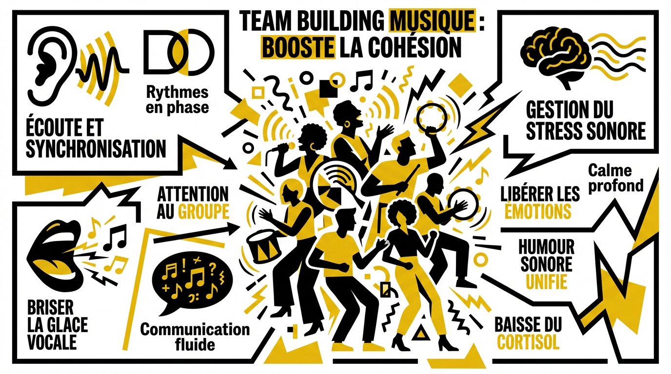 Équipe soudée participant à une activité de team building musical