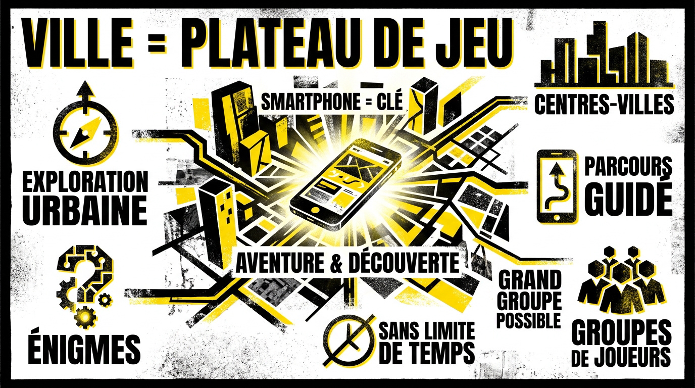 Groupe de joueurs utilisant un smartphone pour résoudre une énigme dans une rue historique