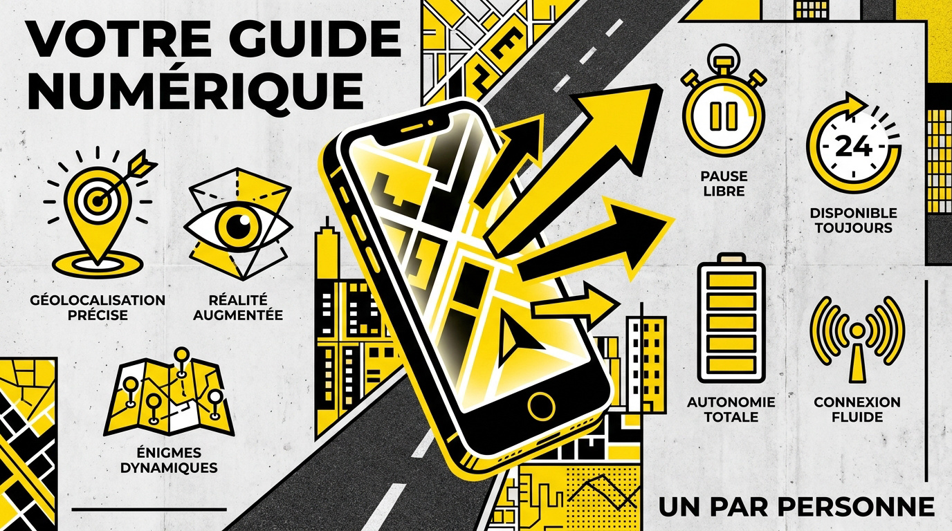 Écran de smartphone affichant une carte interactive pour un escape game extérieur