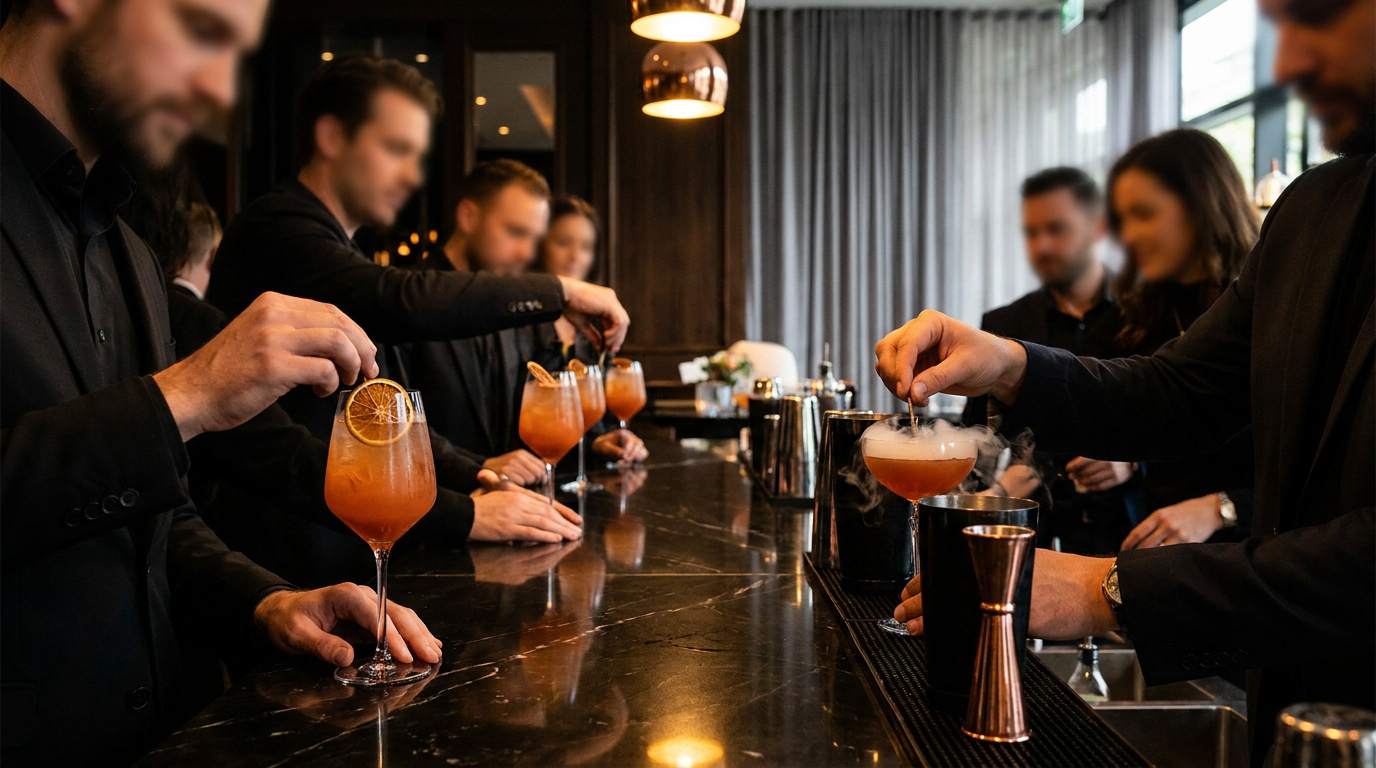 Groupe de collègues apprenant à préparer des cocktails lors d'un événement d'entreprise.