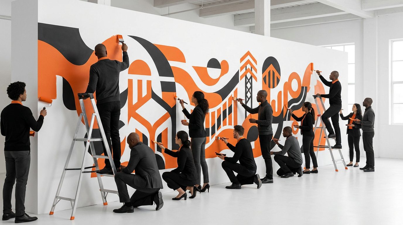 Une équipe en tenue professionnelle peint ensemble une grande fresque murale abstraite aux motifs noirs et orange.