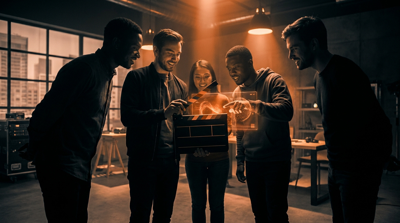 Une équipe diverse collabore autour d'un clap de cinéma dans un studio moderne avec une interface holographique lumineuse.