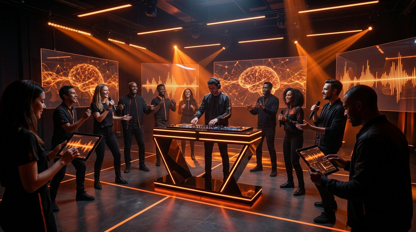 Groupe diversifié créant un lipdub musical avec un DJ et des écrans interactifs affichant des réseaux neuronaux.