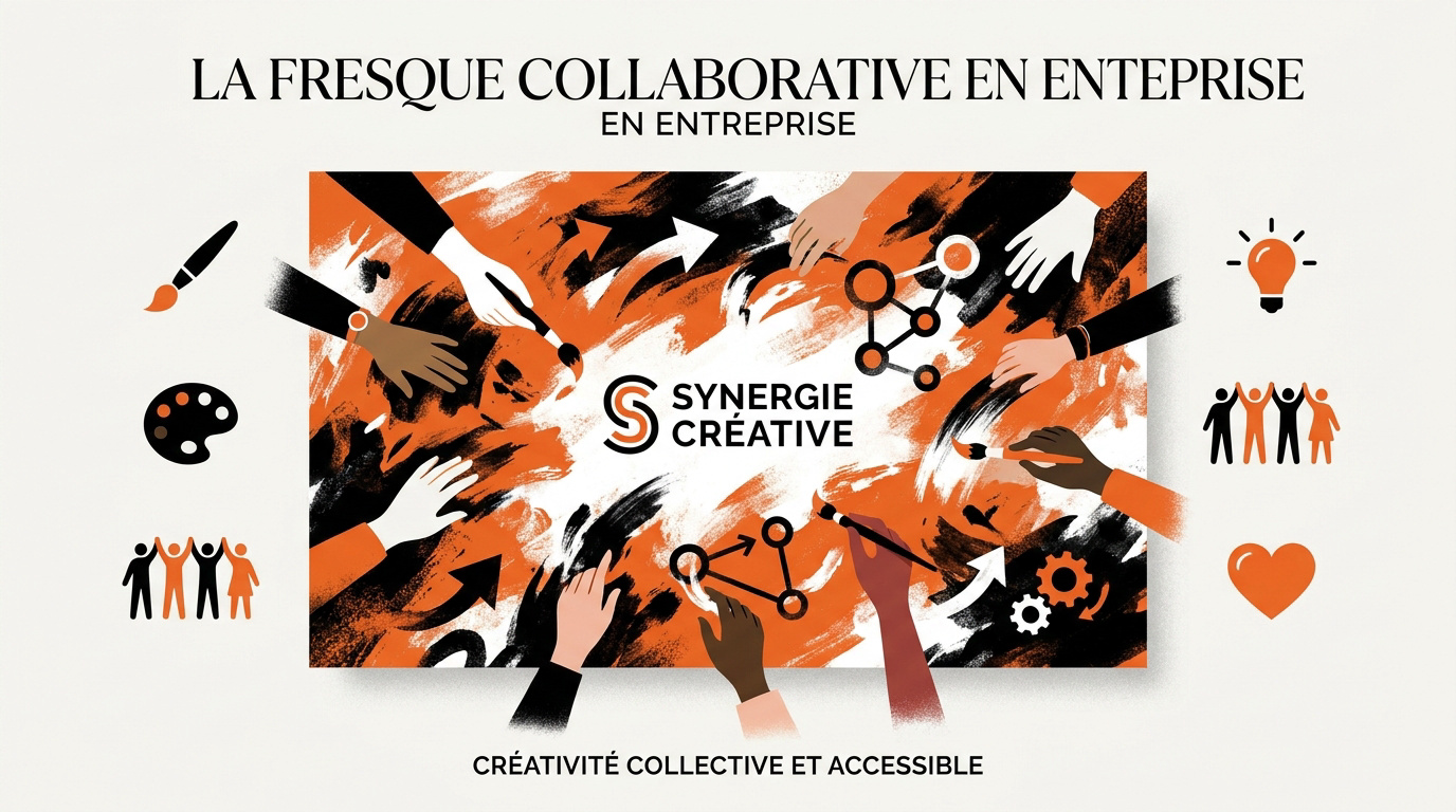 Équipe en plein team building réalisant une fresque collaborative géante