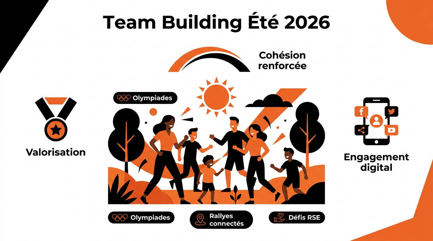 Équipe souriante participant à une activité de team building en extérieur durant l'été 2026
