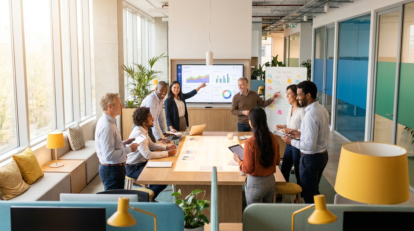 Une équipe diversifiée collabore dans un bureau moderne et lumineux, utilisant des écrans et un tableau blanc.