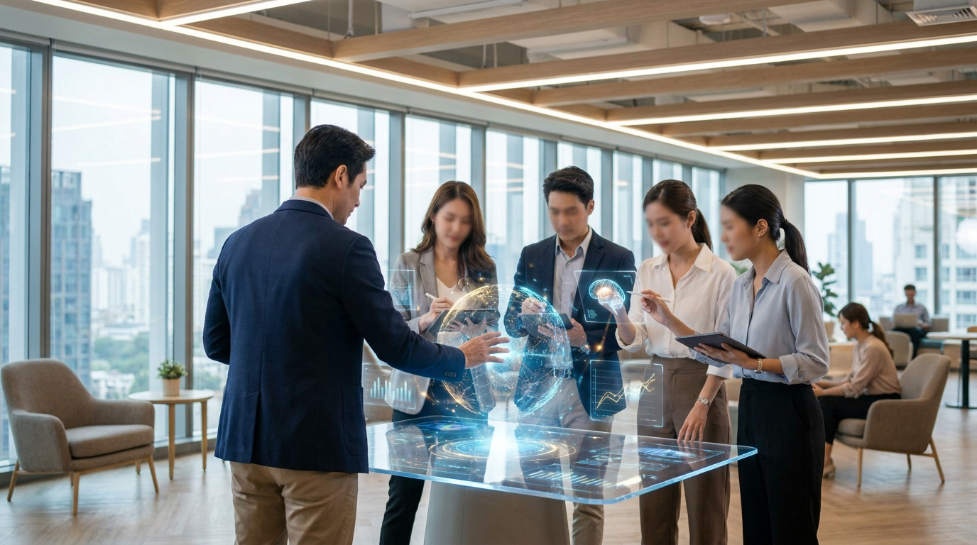 Équipe travaillant autour d'une table interactive avec des hologrammes de données dans un bureau moderne.