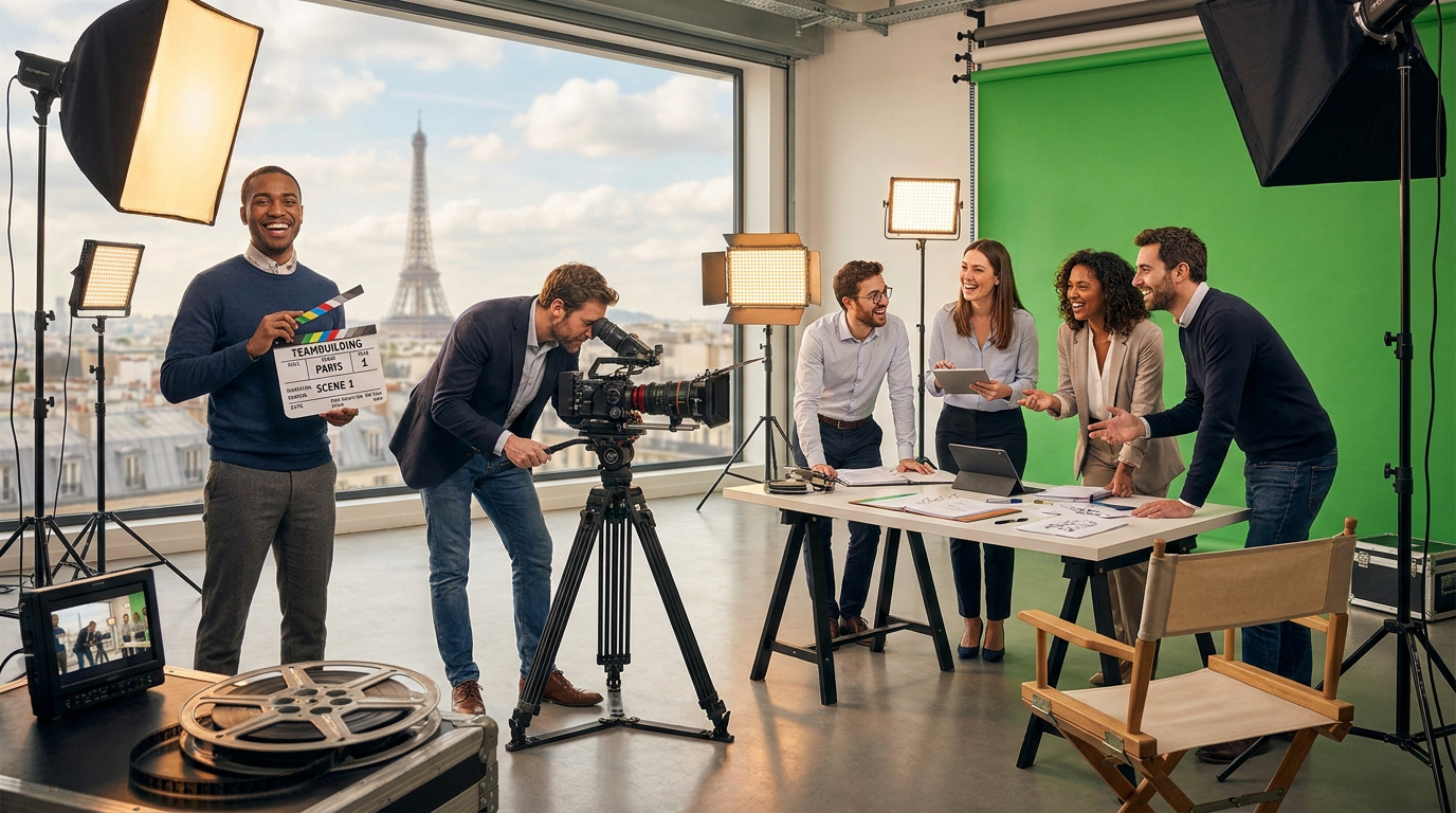 Une équipe en studio de cinéma avec fond vert et vue sur la tour Eiffel.