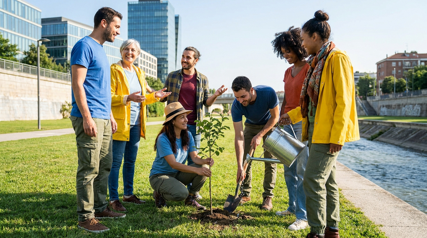 Groupe de collaborateurs diversifié plantant un arbre lors d'une activité de team building RSE en plein air.