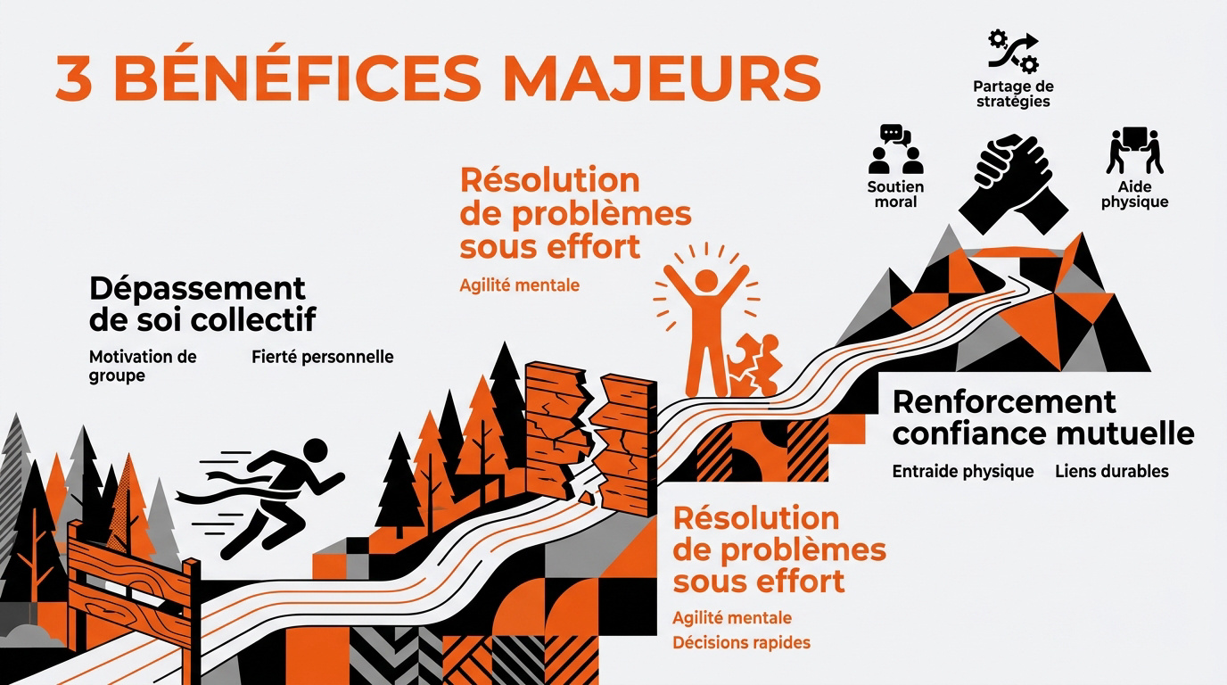Collaborateurs s'aidant à franchir un obstacle lors d'un parcours du combattant en entreprise