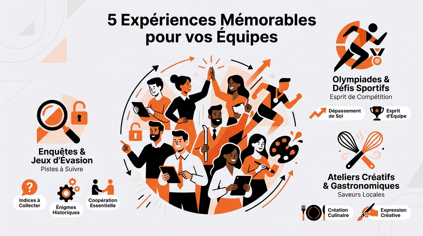 Équipe de collaborateurs participant à une activité de cohésion à Rouen dans un cadre historique