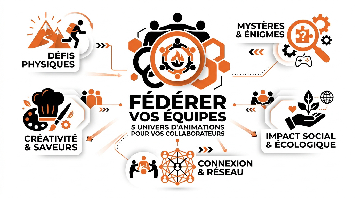 Équipe de collaborateurs souriants participant à une activité de team building dynamique en extérieur