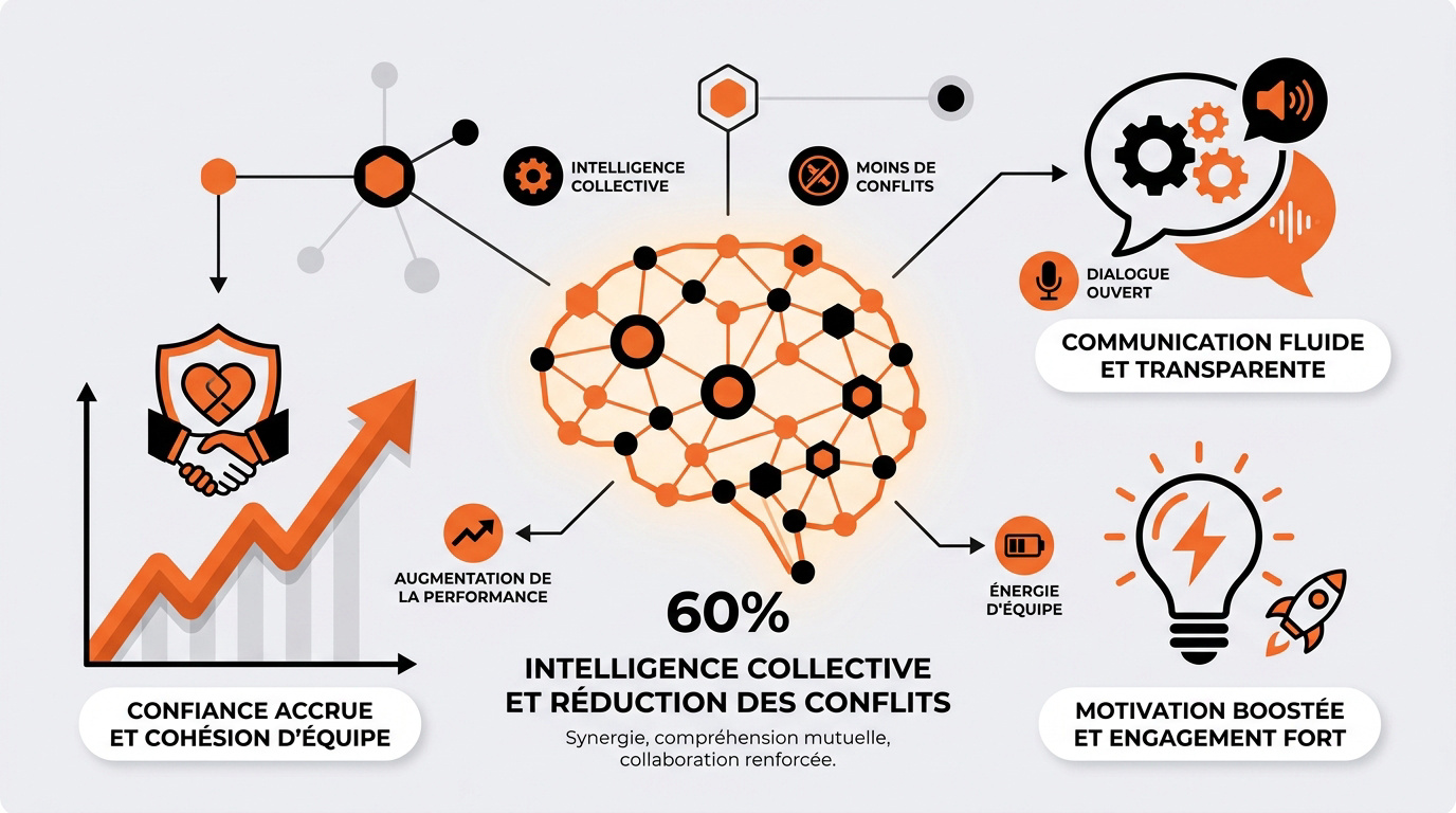 Équipe soudée collaborant lors d'une activité de team building pour renforcer l'intelligence collective