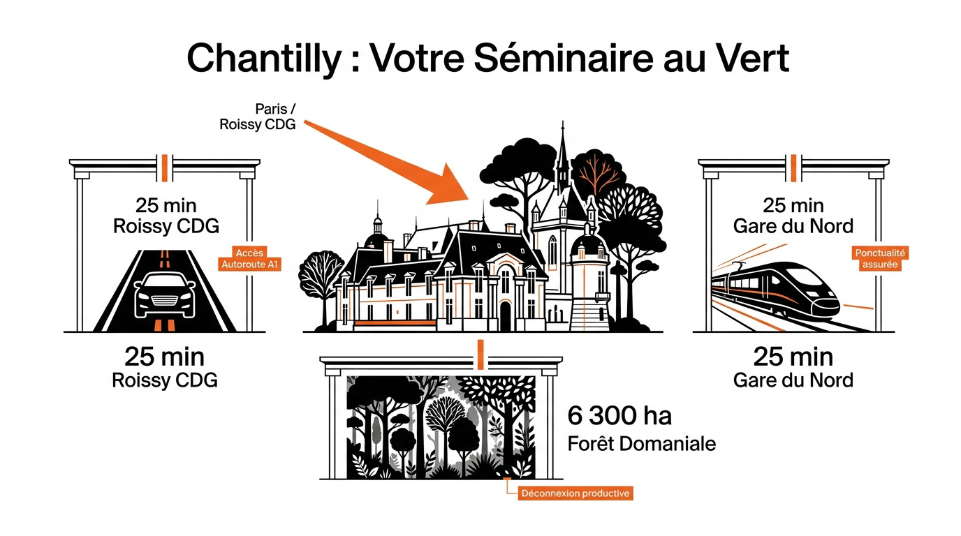 Vue aérienne du domaine de Chantilly entouré de sa forêt domaniale pour un séminaire d'entreprise
