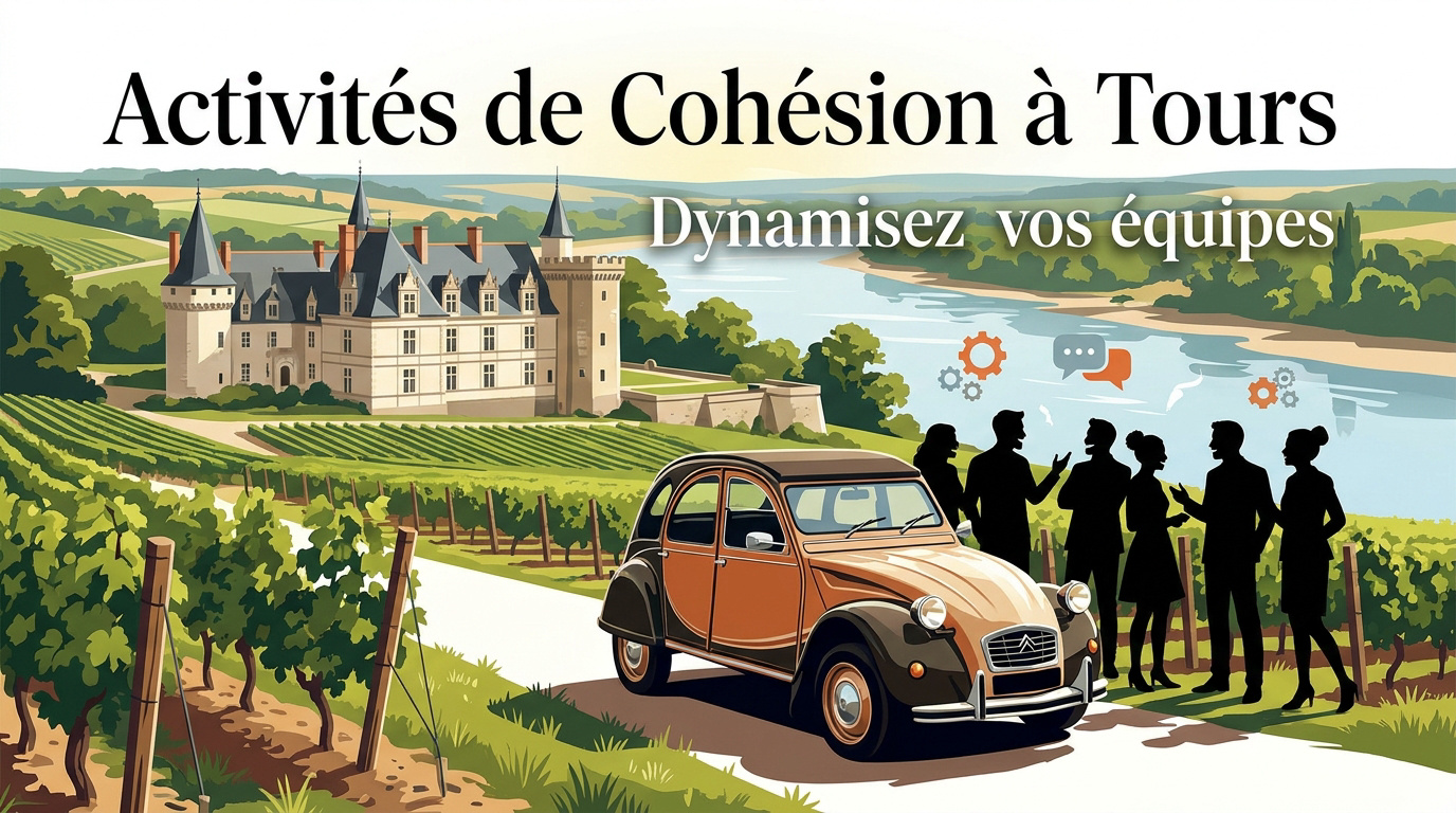 Équipe en rallye 2CV devant un château de la Loire pour une activité de cohésion à Tours