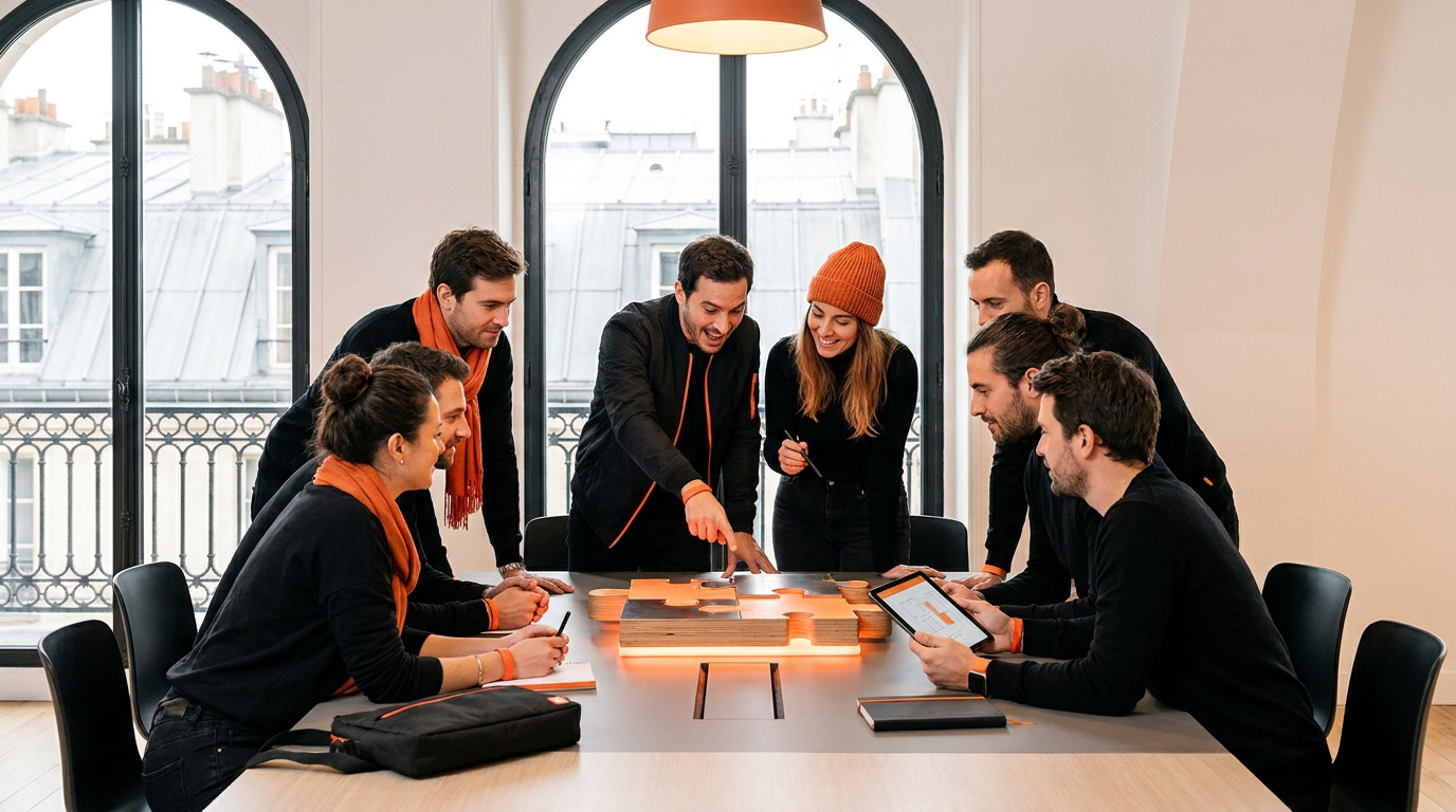 Équipe professionnelle collaborant autour d'un puzzle géant dans un bureau moderne à Paris avec vue sur les toits.
