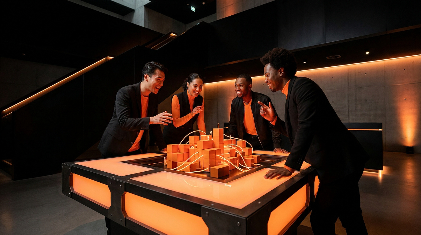 Groupe de collègues travaillant ensemble autour d'une table lumineuse interactive pour un team building.