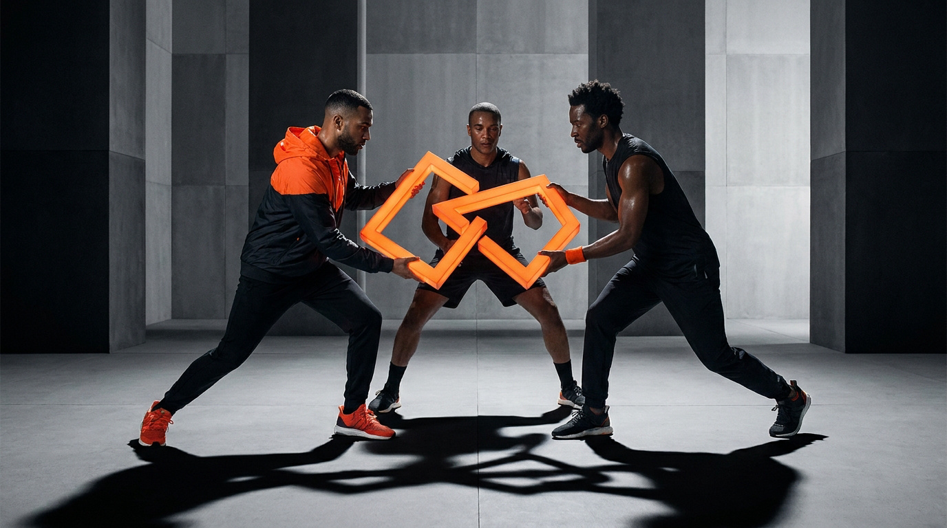 Trois hommes athlétiques assemblent des formes géométriques lumineuses orange dans un studio moderne.