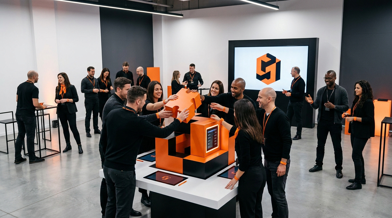 Une équipe en tenue noire et orange assemble un puzzle géant lors d'un atelier de team building en entreprise.
