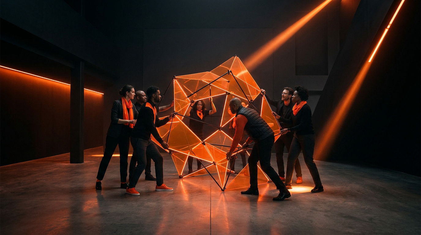 Une équipe en tenues sombres et foulards orange assemble une structure géométrique lumineuse dans un studio sombre.