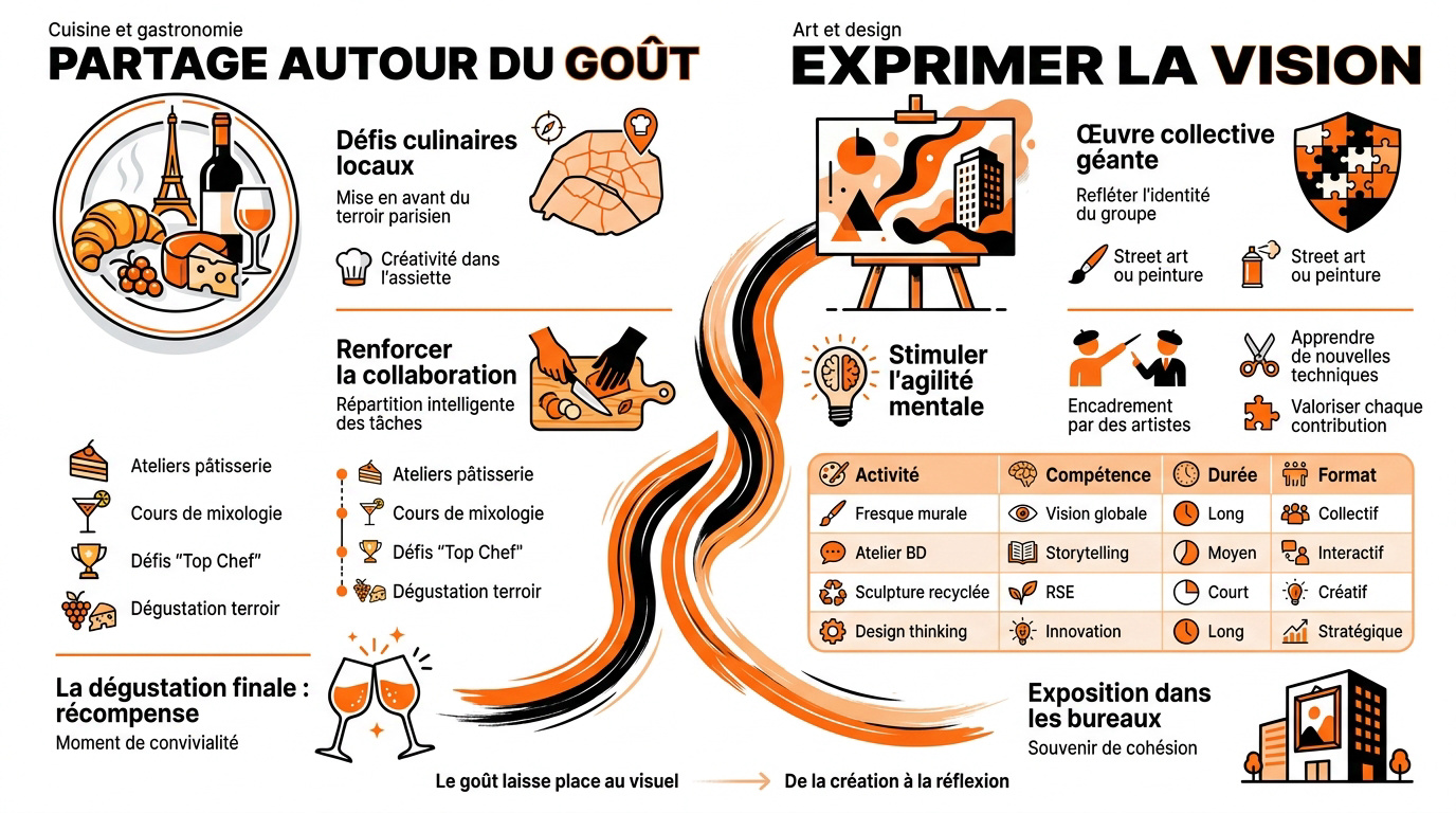 Infographie présentant des ateliers créatifs de team building en entreprise