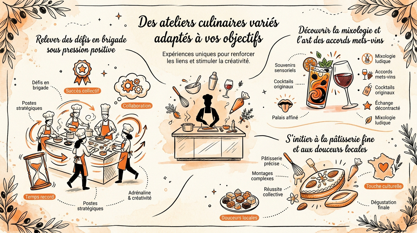 Infographie présentant les différents ateliers culinaires de team building à Aix-en-Provence