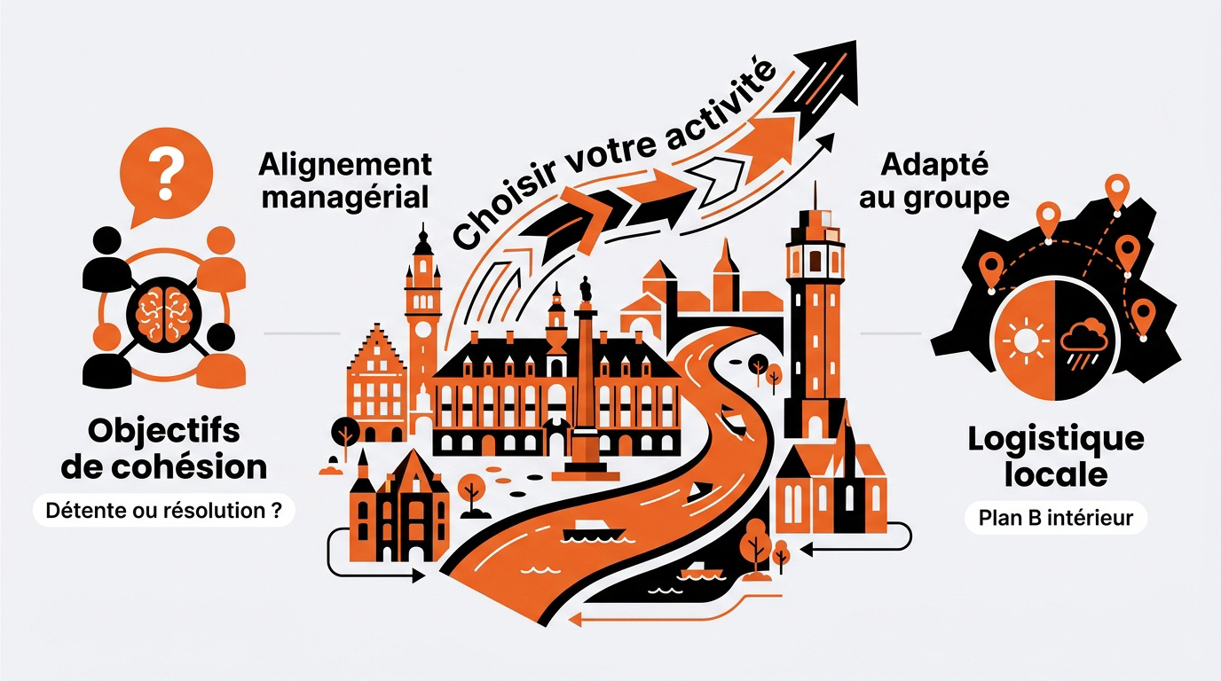 Infographie pour choisir son activité de team building à Lille selon les objectifs et la logistique