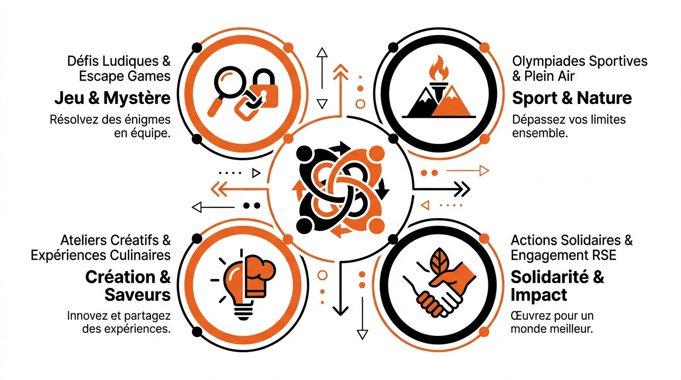 Infographie présentant différentes activités de team building modernes pour entreprises