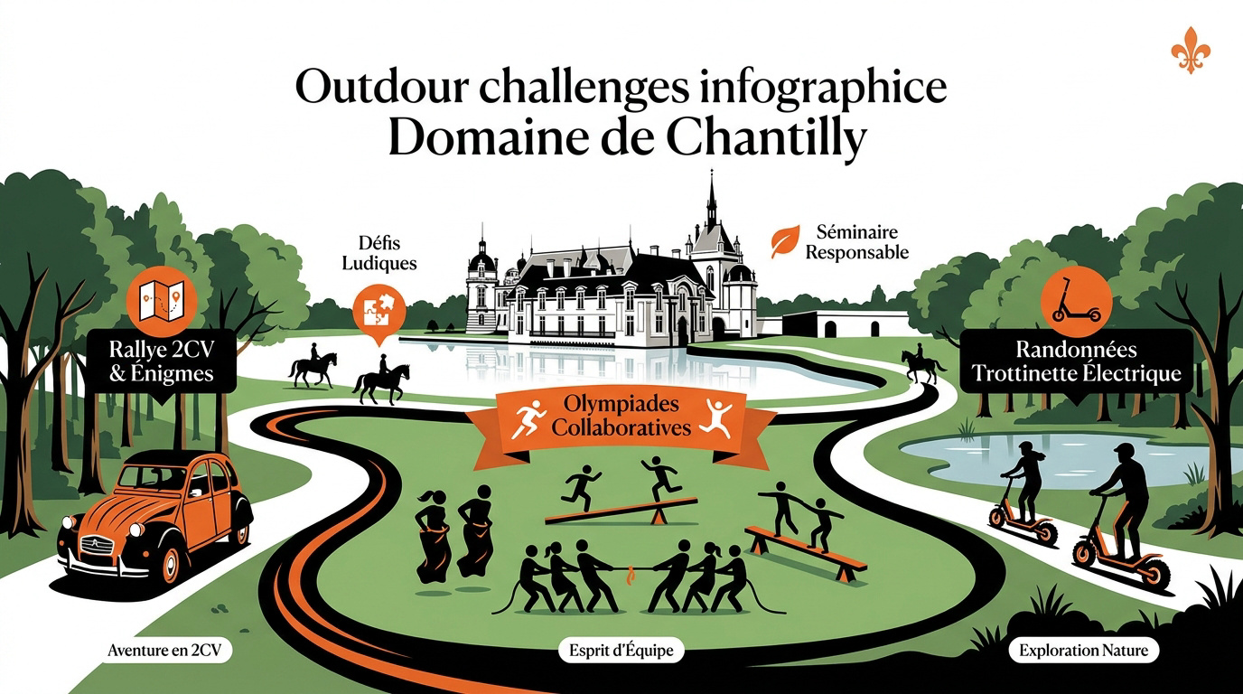 Infographie présentant les activités de team building en plein air à Chantilly