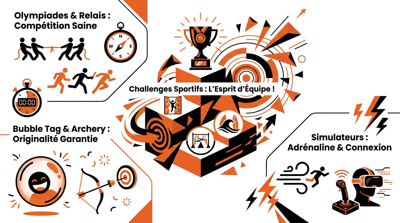 Infographie présentant des défis sportifs en entreprise et activités à sensations fortes