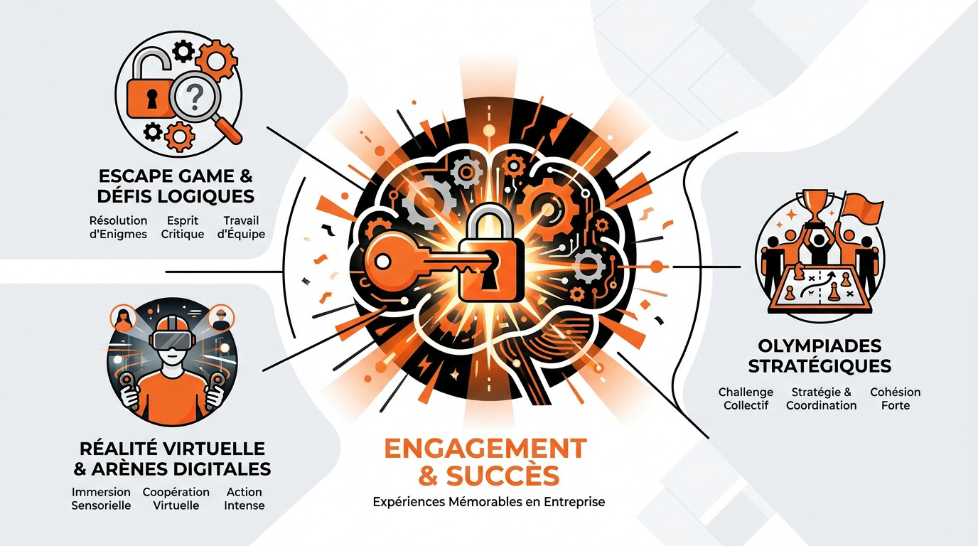 Infographie présentant des activités de team building ludiques et immersives pour les entreprises