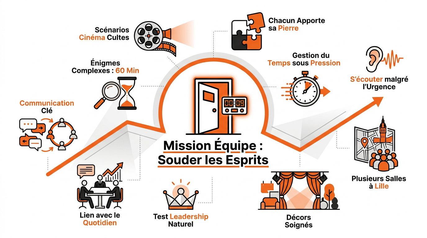 Infographie illustrant la cohésion d'équipe lors d'une mission d'escape game à Lille