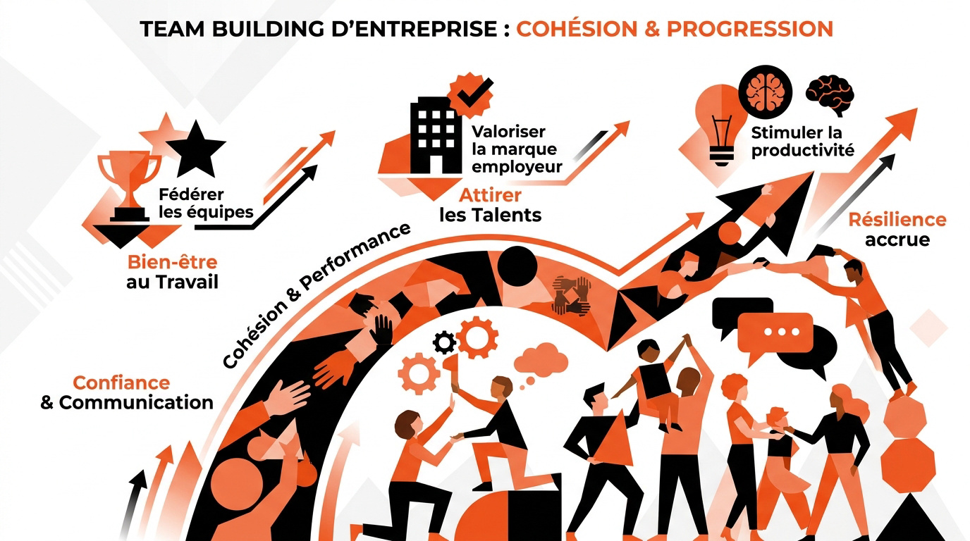 Infographie montrant les bénéfices de la cohésion d'équipe et de la progression collective en entreprise
