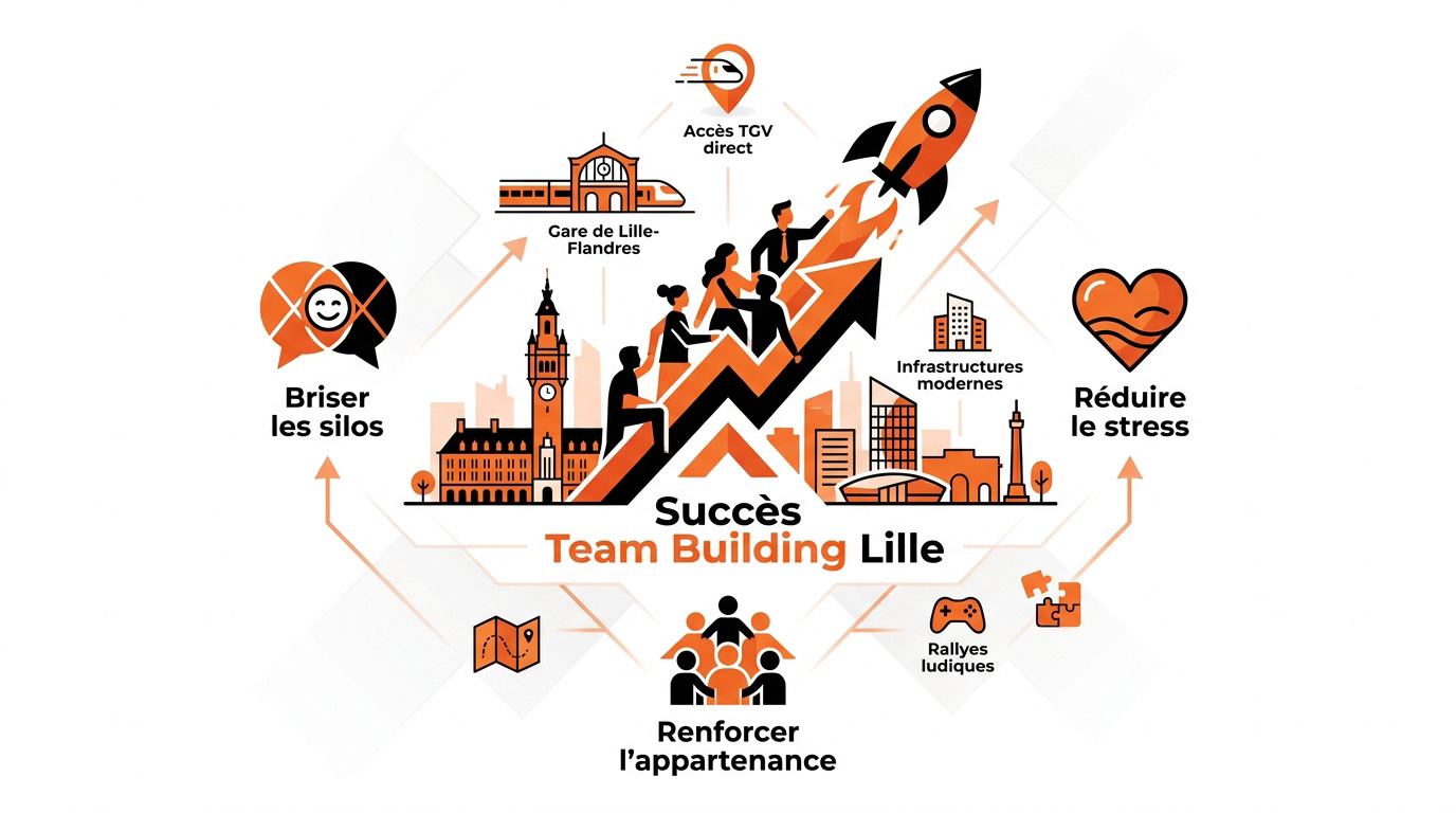 Infographie présentant les avantages et les clés de succès d'un team building à Lille