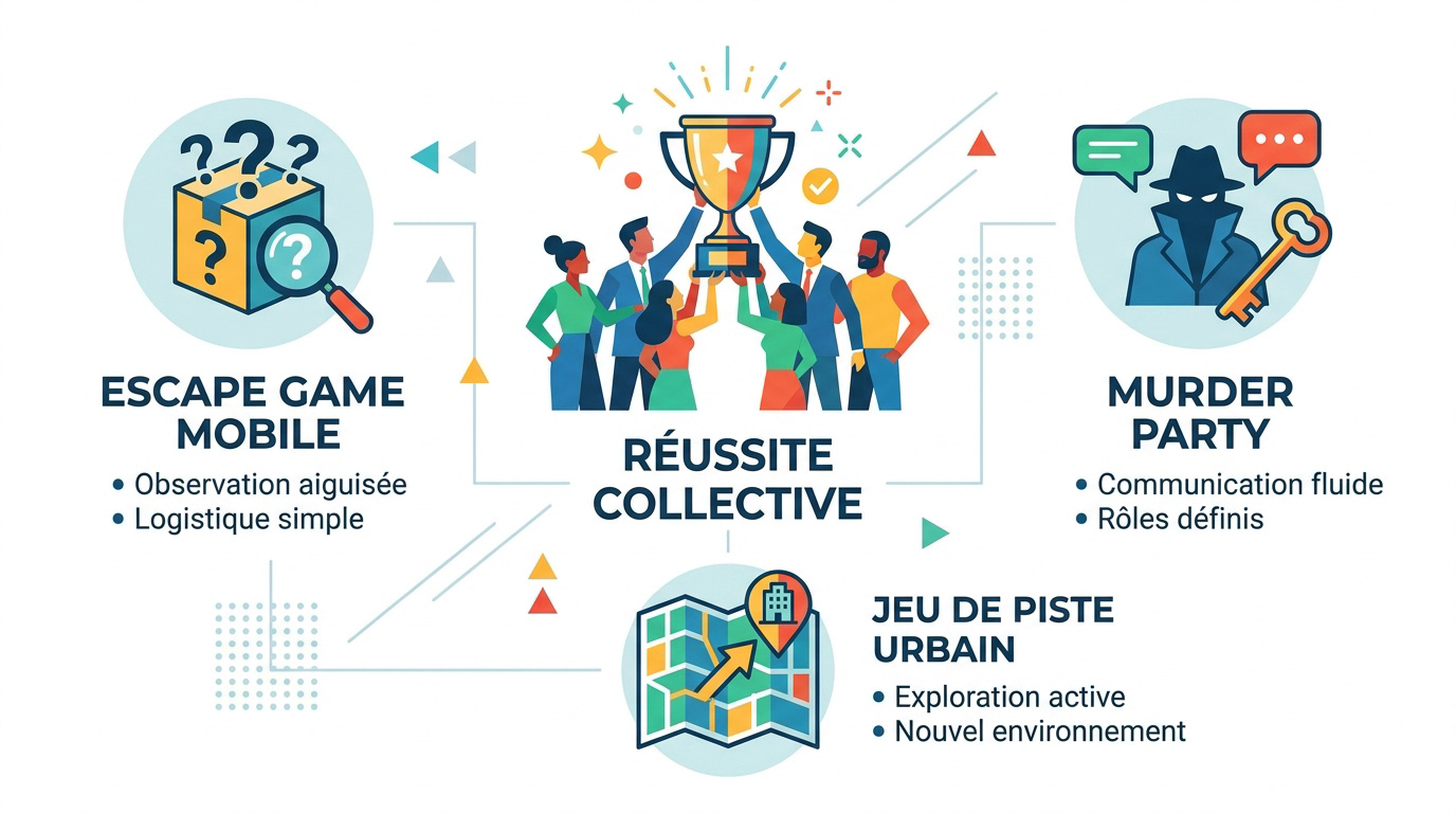 Infographie présentant les clés d'un team building réussi pour la cohésion d'équipe