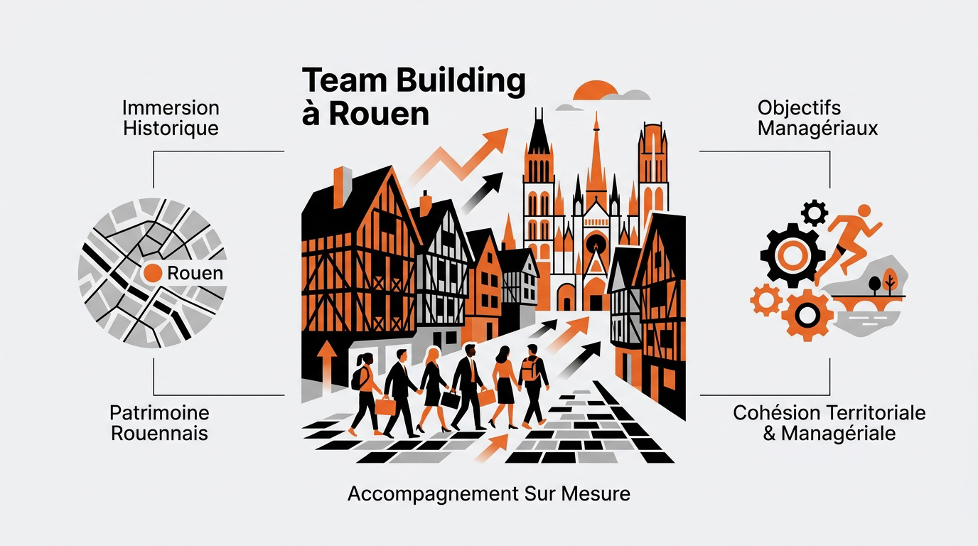 Infographie des meilleures activités de team building et cohésion d'équipe à Rouen