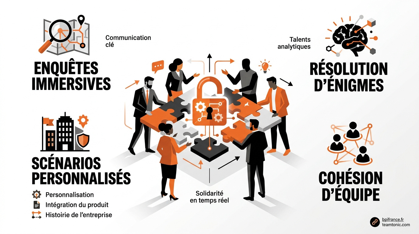 Collaborateurs en pleine résolution d'énigmes lors d'un escape game d'entreprise
