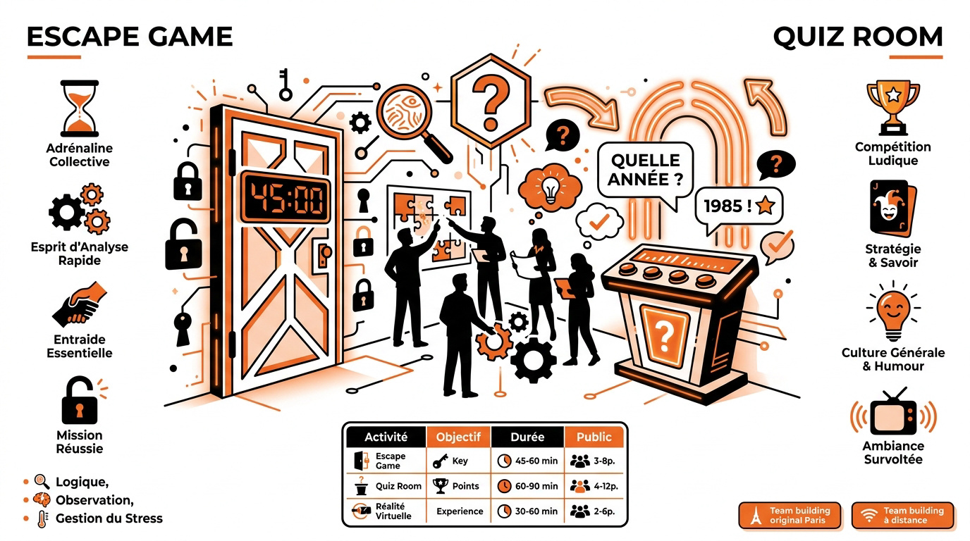 Comparaison entre une session d'escape game et un plateau de quiz room pour entreprise