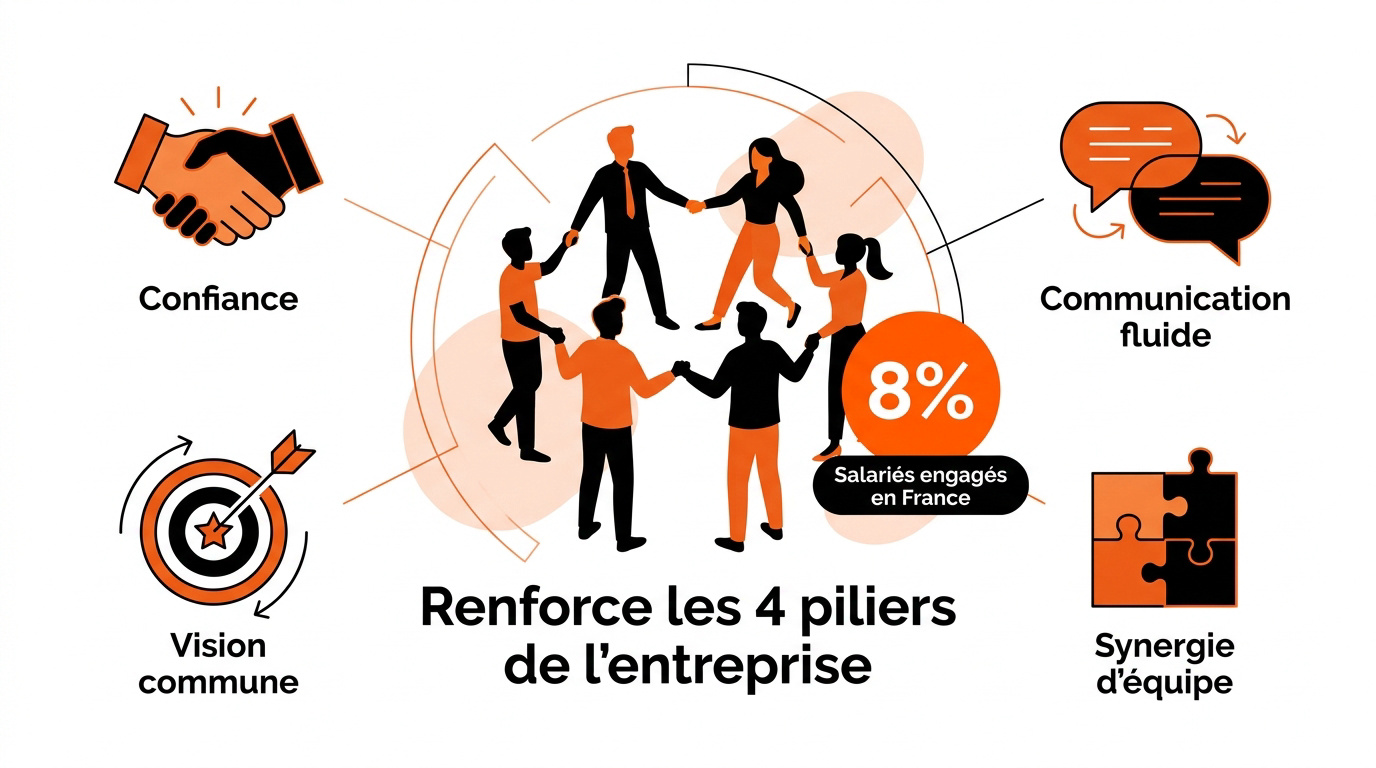 Infographie présentant les piliers de la cohésion d'équipe et de l'engagement des collaborateurs