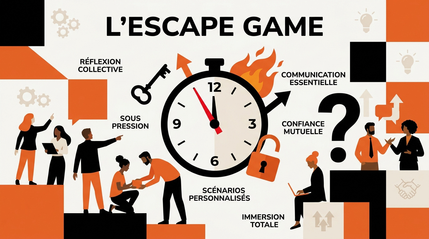 Collaborateurs en pleine session d'escape game collaboratif à Paris