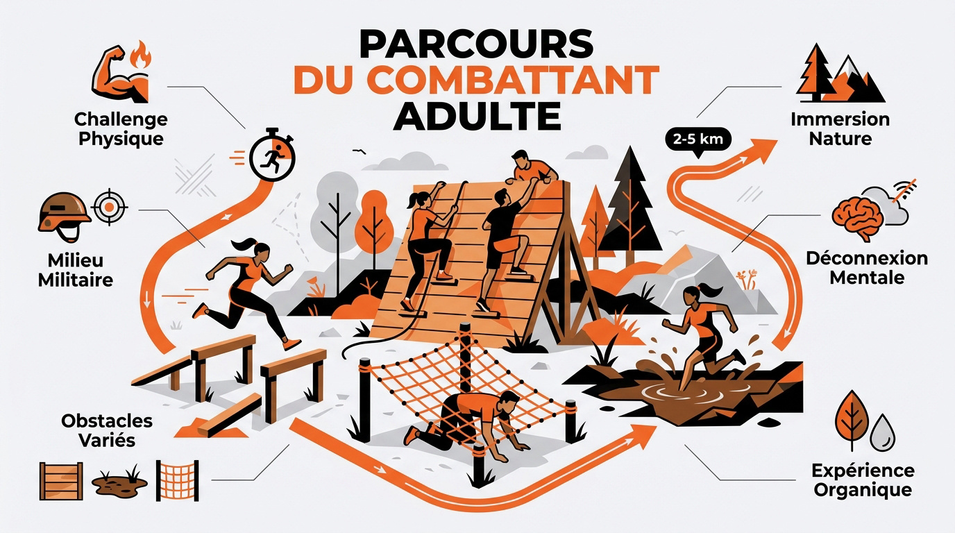 Collaborateurs franchissant un obstacle lors d'un parcours du combattant adulte en entreprise