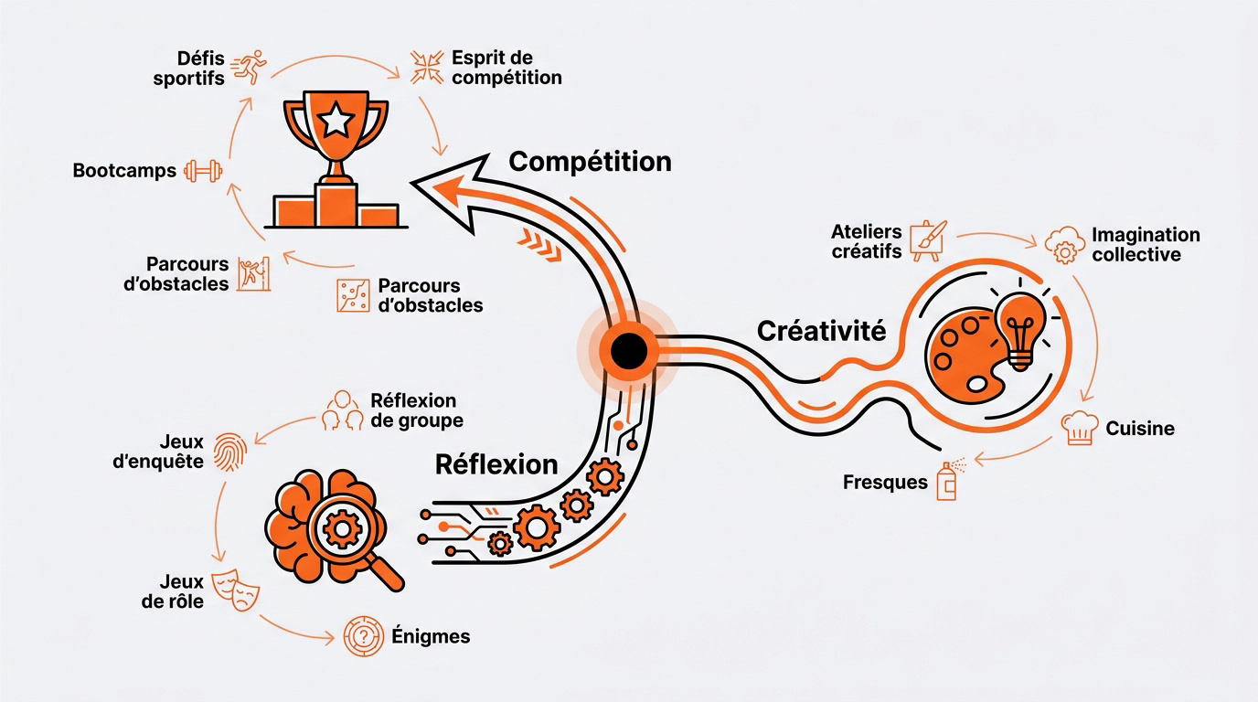 Collaborateurs engagés dans une activité de cohésion d'équipe alliant sport et réflexion